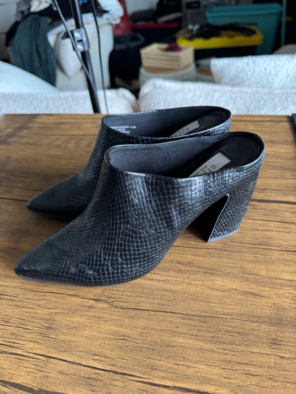 Steven New York Snakeskin Embossed Leather Mules Block Heels